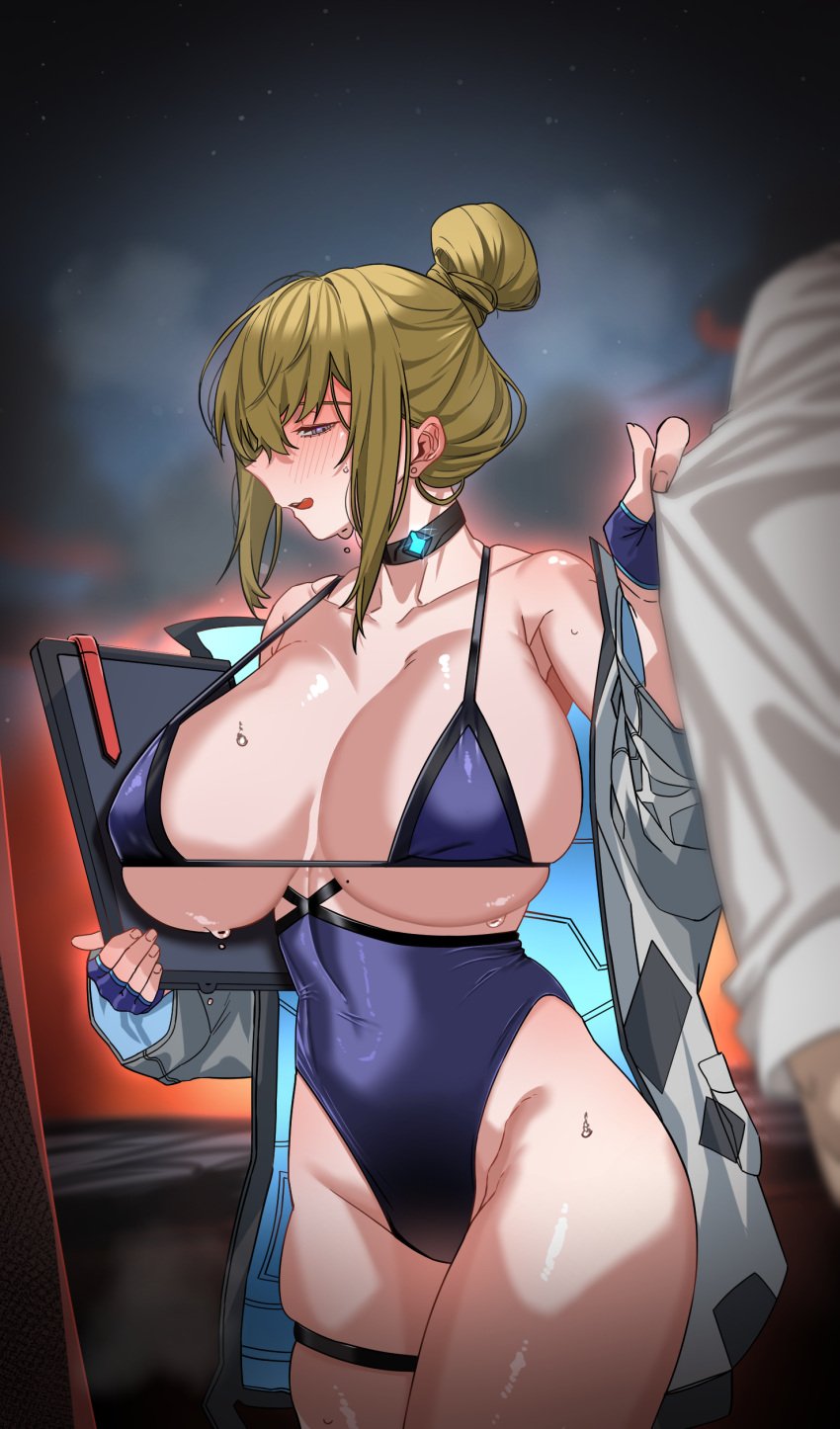 1girls big_breasts bikini bikini_top blonde_hair blue_bikini blush breasts busty c-79g_habetrot_(last_origin) c-79g_habetrot_(summer_combat_uniform)_(last_origin) choker corset curvaceous curvy curvy_body curvy_female curvy_figure female hair_bun huge_breasts jacket large_breasts last_origin light-skinned_female light_skin open_jacket rhlatm sidelocks solo sweat thick_thighs thigh_strap thighs underboob voluptuous