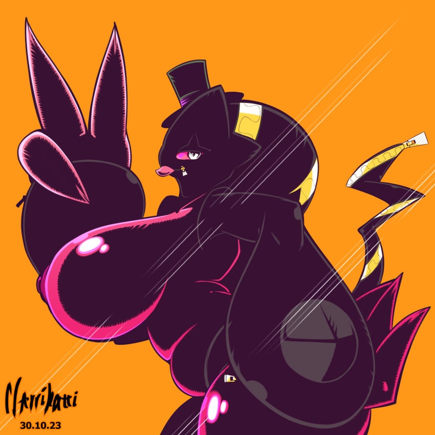 1:1 1girls 2023 3_fingers animate_inanimate banette belly big_breasts big_hands black_body blep breasts claws clothing contrast doll female female_only generation_3_pokemon gesture halloween hat headgear headwear hi_res holidays large_paws looking looking_at_viewer mega_banette mega_evolution narrikatti nintendo nipples nite_(banette) orange_background pink_body pink_skin plushie pokemon pokemon_(species) simple_background slightly_chubby solo solo_female tongue tongue_out top_hat v_sign white_eyes