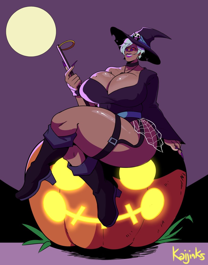 big_breasts boots breasts bursting_breasts busty choker cleavage costume dark-skinned_female dark_skin dress earrings female female_focus female_only garter_straps halloween halloween_costume hourglass_figure kaijinks large_breasts lipstick long_fingernails looking_over_eyewear looking_over_glasses looking_over_sunglasses makeup nail_polish overflowing_breasts pinup pinup_pose pumpkin purple-tinted_eyewear red_eyes short_dress short_hair silver_hair sitting sunglasses tagme tamara_garcia thick_thighs tinted_eyewear wide_hips witch witch_hat