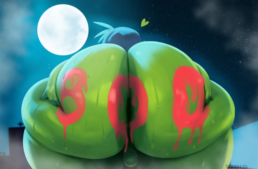 alien anthro ass balls big_butt bodily_fluids bodypaint foggy foggy_background genitals glistening glistening_butt green_body green_skin hand_on_butt heart hi_res huge_butt humanoid jay_(sqoon) light male moon moonlight presenting presenting_hindquarters puwa solo sqoon sweat sweaty_butt sweaty_legs sweaty_thighs thick_thighs