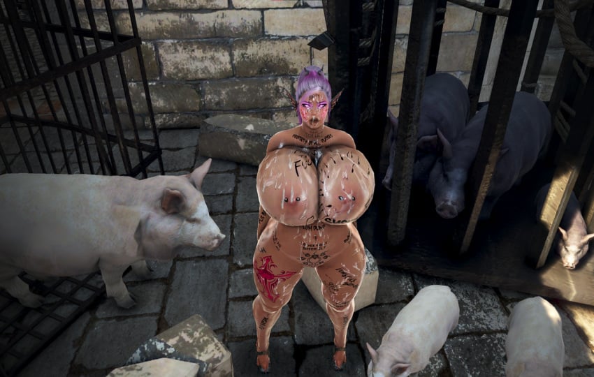 bdo black_desert_online cow_tits cumdump cumdumpster dark_elf elf elves exposing huge_breasts pig public slut sow tattoo udders