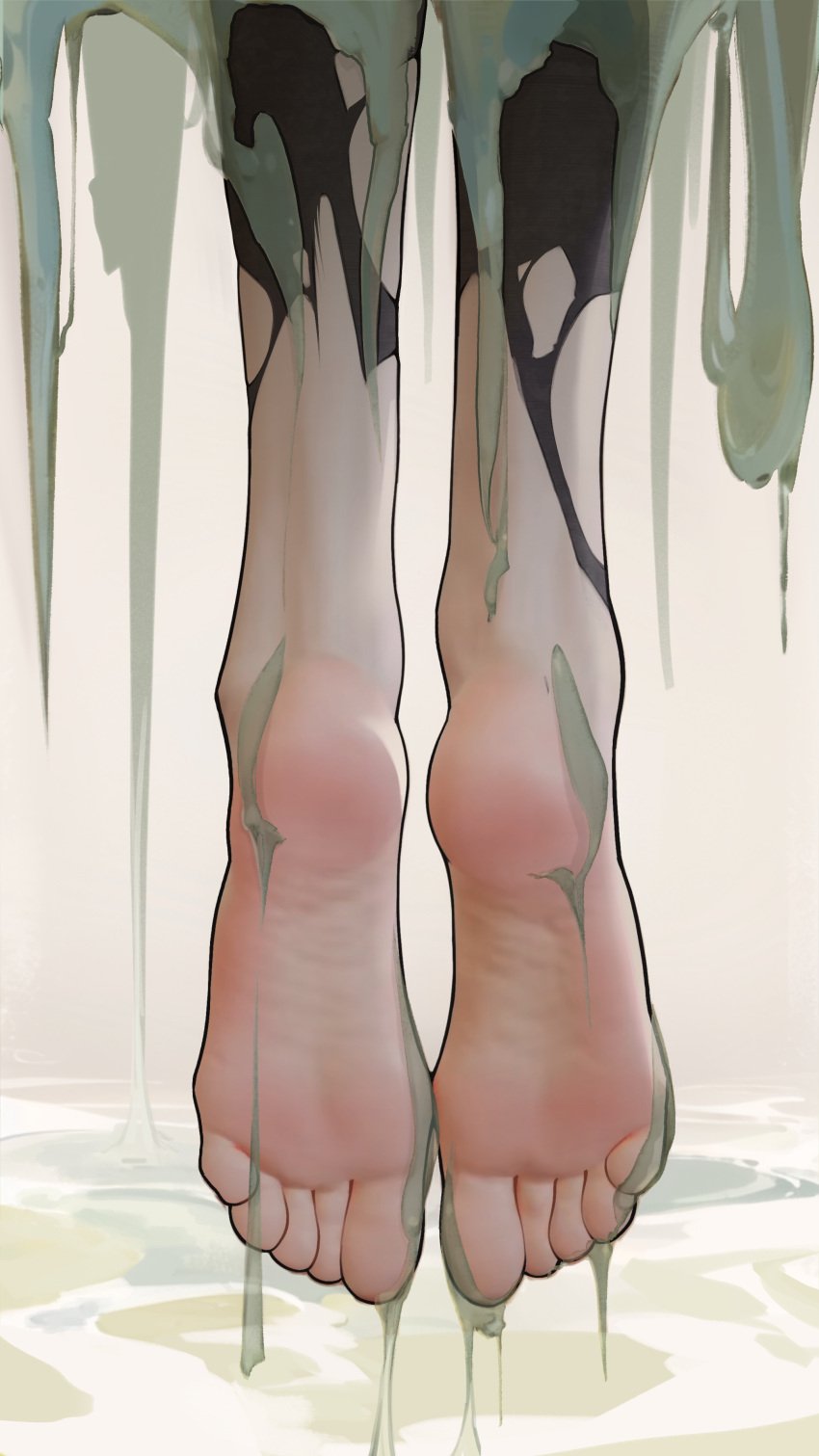 1girls artist_request barefoot feet foot_fetish foot_focus light-skinned_female light_skin muzhucunmuzhucun pov_feet ripped_clothing slime slime_(substance)