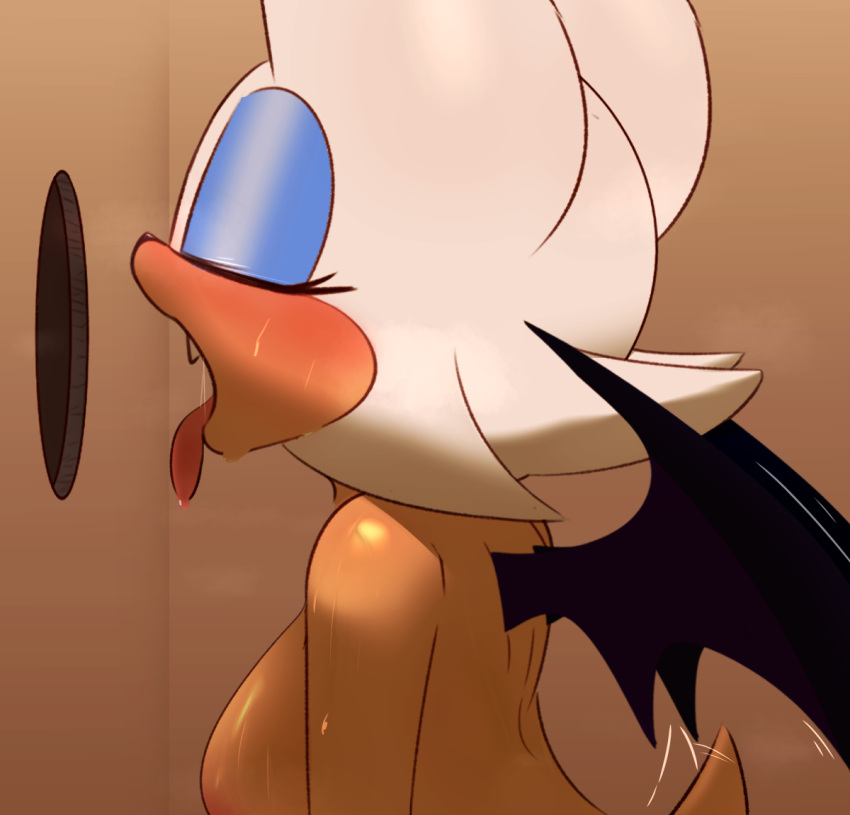 anthro bat big_breasts blush bodily_fluids breasts closed_eyes eyeshadow fangs female glory_hole hair lawgx makeup mammal nude nude_female open_mouth rouge_the_bat sega solo sonic_(series) sonic_the_hedgehog_(series) sweat tail tail_motion tailwag teeth tongue tongue_out white_hair wings