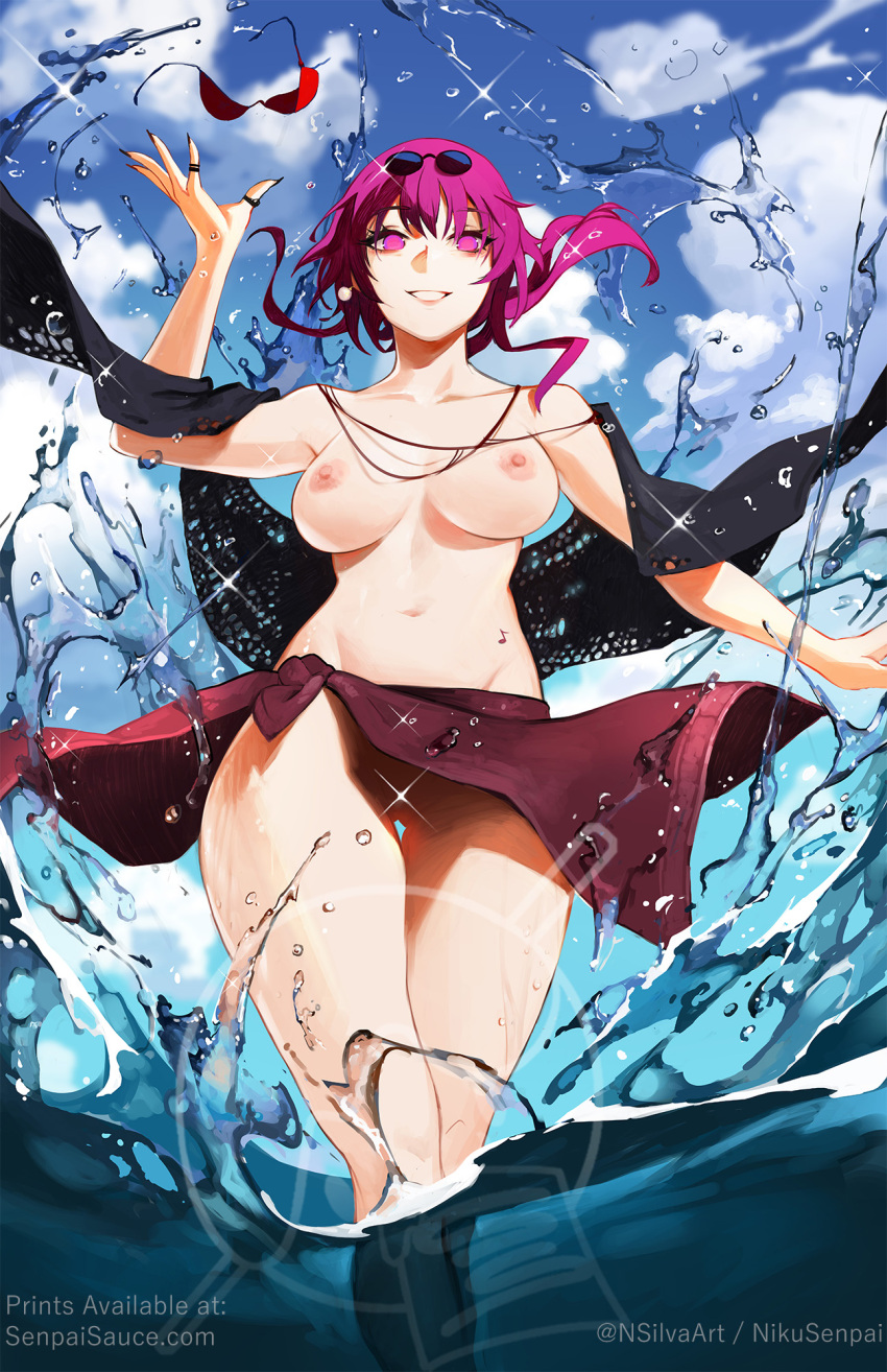 bikini blue_sky breasts female fingernails highres honkai:_star_rail honkai_(series) jewelry kafka_(honkai:_star_rail) large_breasts long_fingernails looking_at_viewer multiple_rings nikusenpai nipples purple_hair ring sarong sky smile solo swimsuit thigh_gap undressing unworn_bikini_top water