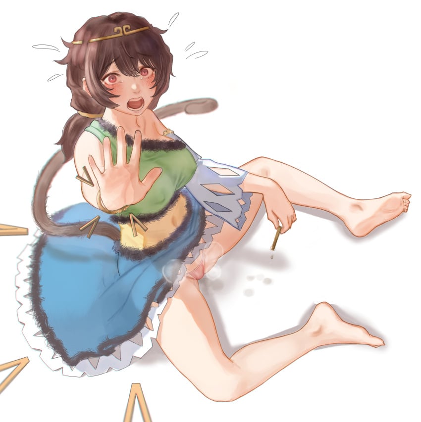 1girls 2023 barefoot blush brown_hair caught caught_masturbating embarrassed from_above monkey_girl monkey_tail panties pink_panties ponytail pussy_juice red_eyes sitting skirt son_biten steam steaming_body surprised sweat sweatdrop tagme tail tears thighs touhou wiaxixia