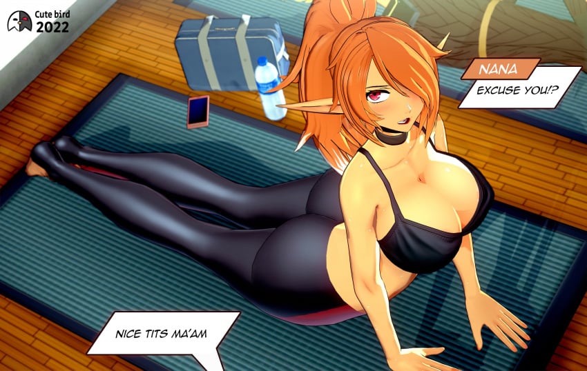 1girls 3d blush breasts cleavage clothed clothing cute_birdd elf english_text gym gym_clothes huge_breasts indoors light-skinned_female light_skin looking_at_viewer nana_(cute_birdd) offscreen_character orange_hair original pointy_ears ponytail red_eye rude sweat text