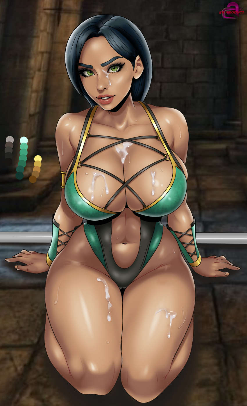 big_breasts blonde_hair breasts cum cum_on_breasts ed_product green_eyes jade_(mk9) jade_(mortal_kombat) looking_at_viewer mortal_kombat mortal_kombat_(2011) solo