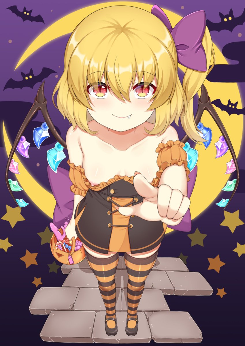 absurdres akasaka_sato blonde_hair bow breasts candy crystal dildo embodiment_of_scarlet_devil female flandre_scarlet food hairbow halloween halloween_costume highres kneehighs looking_at_viewer night oerba_yun_fang pointing pointing_at_viewer ponytail sex_toy side_ponytail small_breasts smile socks solo touhou wings