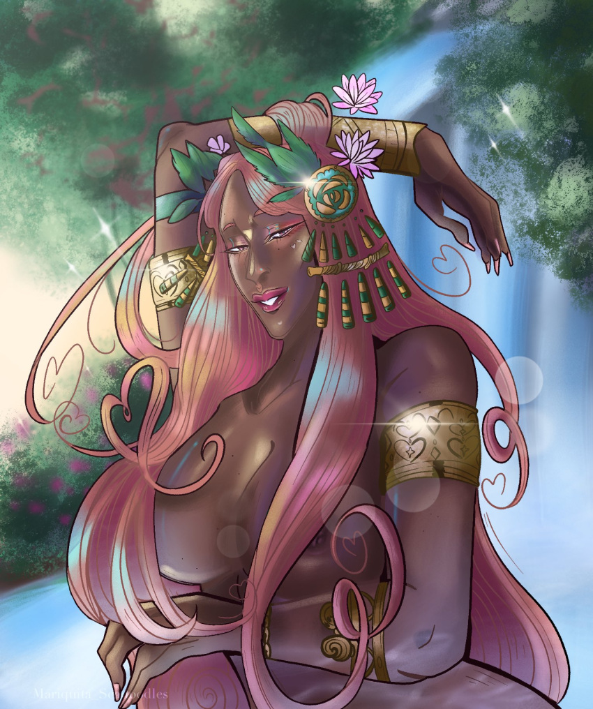 1girls aphrodite_(hades) divine_slut goddess hades_(game) mari_scadoodles nude pink_hair pinup pussy solo very_long_hair