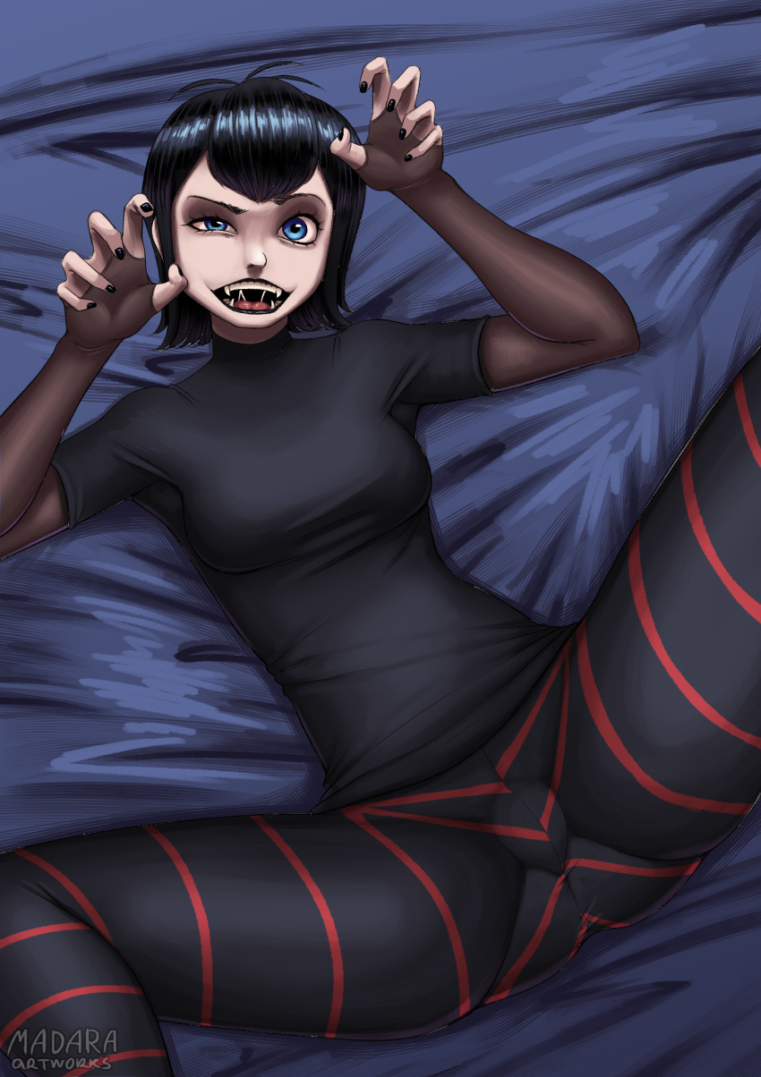 1girls black_hair black_lipstick black_nails clothed clothed_female elbow_gloves fangs female fingernails gloves hands_up hotel_transylvania looking_at_viewer lying lying_on_back lying_on_bed madara_artworks mavis_dracula nail_polish open_mouth pale-skinned_female pale_skin short_hair spread_legs spreading striped_clothing striped_legwear striped_thighhighs thighhighs vampire vampire_girl