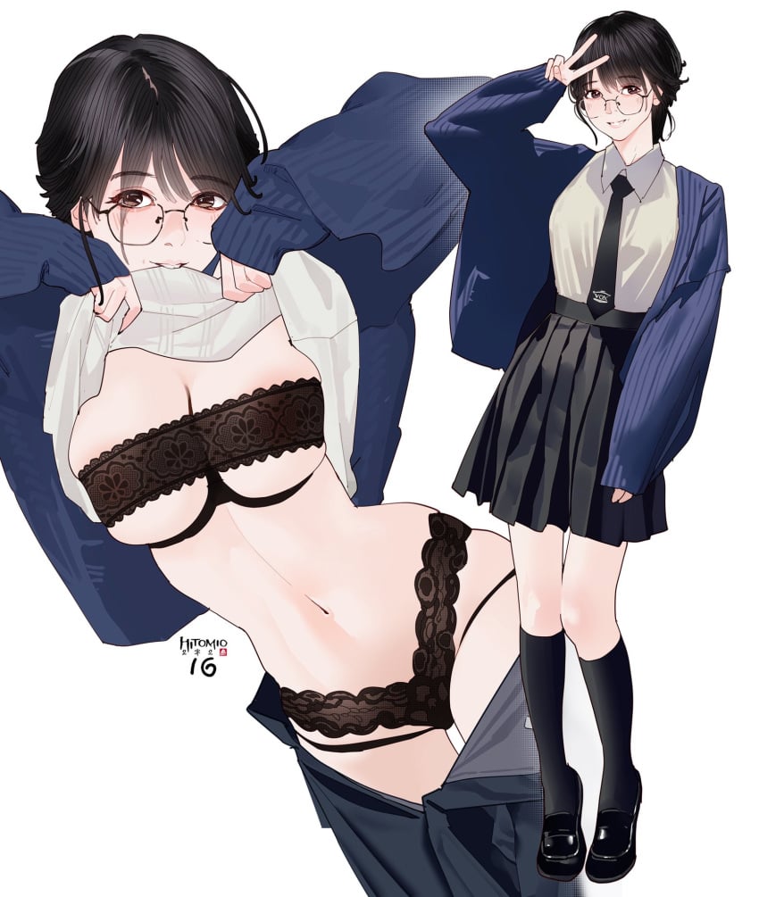 1girls cleavage flashing glasses hitomi_o large_breasts lingerie long_sleeves presenting skirt