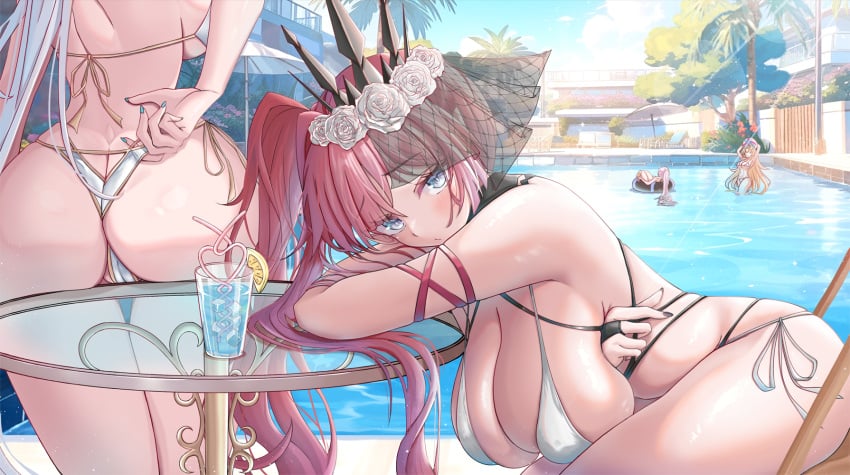 4girls adjusting_swimsuit alternate_breast_size ass ball baobhan_sith_(fate) baobhan_sith_(swimsuit_pretender)_(fate) baobhan_sith_(swimsuit_pretender)_(third_ascension)_(fate) barghest_(gawain)_(fate) barghest_(swimsuit_archer)_(final_ascension)_(fate) beachball bikini black_makeup black_nail_polish black_nails black_veil blue_makeup blue_nail_polish blue_nails breasts cup drinking_glass fate/grand_order fate_(series) female female_ass female_only flower grey_eyes hair_flower hair_ornament head_out_of_frame highres innertube kennedukennedy1 large_breasts leaning_forward leaning_on_table long_hair looking_at_viewer makeup melusine_(fate) morgan_le_fay_(fate) morgan_le_fay_(water_princess)_(fate) multiple_girls nail_polish outdoors pink_hair poolside red_eyebrows red_eyelashes red_hair side_ponytail sideboob sitting solo_focus string_bikini swimsuit table thighs thighs_together type-moon veil white_bikini white_flower