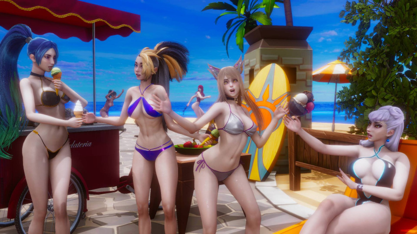 6girls ahri akali akali_jhomen_tethi beach big_breasts bikini black_hair black_hair_female blonde_female blonde_hair blonde_hair_female bloodysunkist blue_eyes blue_eyes_female blue_hair blue_hair_female dark-skinned_female dark_skin different_breast_sizes evelynn green_eyes green_eyes_female high_res high_resolution highres huge_breasts ice_cream k/da_all_out_ahri k/da_all_out_akali k/da_all_out_evelynn k/da_all_out_kai'sa k/da_all_out_series kai'sa large_breasts league_of_legends light-skinned_female light_skin medium_breasts miss_fortune nidalee ponytail ponytail_female revealing_clothes revealing_outfit revealing_swimsuit riot_games stolen_bikini stolen_clothes stolen_swimsuit swimsuit yellow_eyes yellow_eyes_female