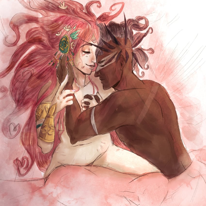 1girls aphrodite aphrodite_(hades) ares_(hades) dark-skinned_male dark_skin divine_slut eidorina goddess hades_(game) interracial light-skinned_female light_skin nude pink_hair very_long_hair