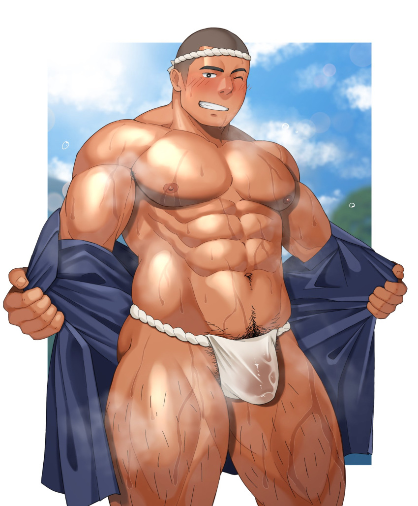 1boy abs armpit_hair armpit_hair_peek bara bare_pectorals blush bright_pupils bulge buzz_cut come_hither covered_penis feet_out_of_frame fundoshi grey_hair grin hachimaki happi headband highres human human_only japanese_clothes kansuke_(kansuke_717) kimono large_pectorals leg_hair long_sideburns looking_at_viewer male male_only male_pubic_hair mature_male muscular muscular_male navel navel_hair nipples open_clothes open_kimono original outstretched_arms pectorals penis pubic_hair pubic_hair_peek seductive_smile see-through short_hair sideburns smile solo solo_male sparse_navel_hair spread_arms standing stomach strongman_waist summer_festival sweat thick_thighs thighs undressing very_short_hair very_sweaty wet wet_clothes wet_fundoshi