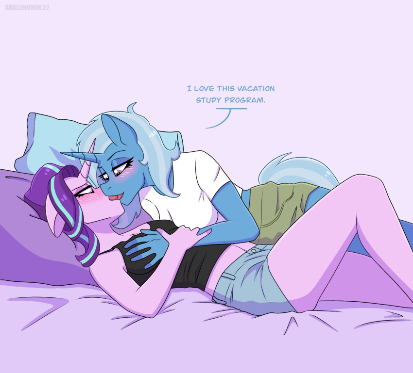 anthro anthrofied bed blue_body blue_fur blush clothing english_text equid equine female female/female friendship_is_magic fur furniture hasbro hi_res horn kissing mammal my_little_pony on_bed pink_body pink_fur shallowwin simple_background starlight_glimmer text trixie_(mlp) unicorn white_background