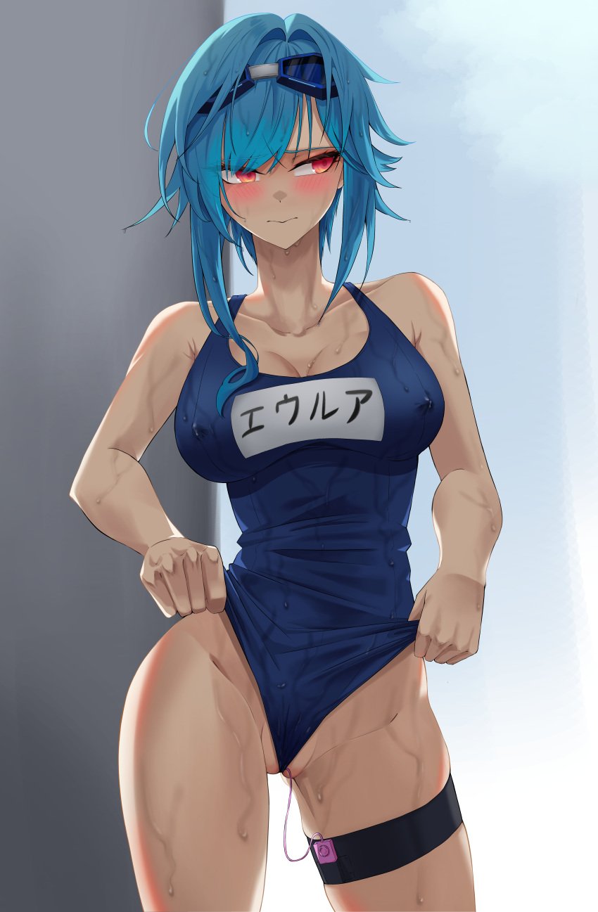 absurdres averting_eyes backlighting bare_shoulders blue-framed_eyewear blue-tinted_eyewear blue_hair blue_one-piece_swimsuit blue_sky blush breasts character_name cleavage closed_mouth clothes_lift clothes_writing collarbone commentary_request controller covered_nipples cowboy_shot eula_(genshin_impact) eyewear_on_head female frontal_wedgie genshin_impact goggles groin hair_intakes highres korean_commentary large_breasts lifted_by_self looking_to_the_side medium_hair mixed-language_commentary object_insertion one-piece_swimsuit outdoors partially_translated partially_visible_vulva raised_eyebrows red_eyes remote_control remote_control_vibrator self_wedgie sex_toy sky solo standing swimsuit swimsuit_lift thigh_strap thighs tinted_eyewear translation_request uncensored vaginal_object_insertion vaginal_penetration vibrator vibrator_cord vibrator_under_clothes walnut_1477 wet wet_clothes