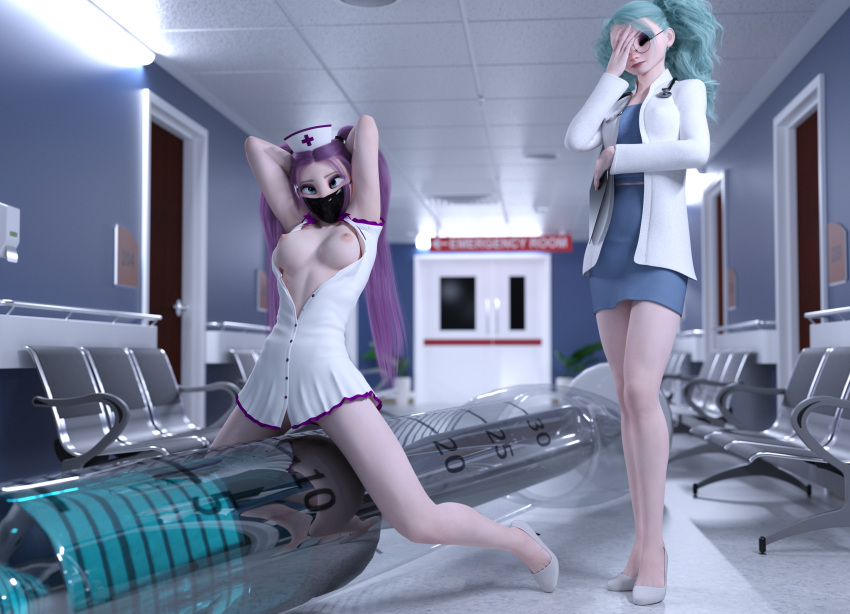 2girls 3d bare_legs blue_eyes breasts cute disney disney_princess doctor doctor_outfit elsa_(frozen) female fetish frozen_(film) glasses long_legs mask masked masked_female medic medical medical_gloves medicine medium_breasts nurse nurse_clothing nurse_outfit pumps tommytinycat vaccine