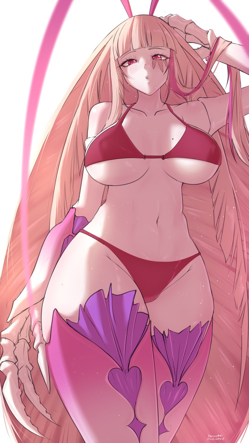 antennae big_breasts bikini bug_arms bug_girl catnipart cockroach_girl cockroach_humanoid hair_streak high_resolution highres large_breasts long_hair looking_at_viewer mark_under_eye matara_kan mole_on_breast pale_skin pursed_lips red_bikini red_eyes solo solo_female tattoo_under_eye thick thick_thighs thighhighs tummy very_long_hair virtual_youtuber vshojo wide_hips