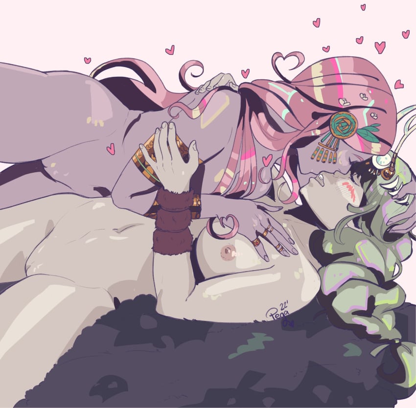 2girls aphrodite aphrodite_(hades) artemis artemis_(hades) divine_slut goddess green_hair hades_(game) kissing multiple_girls pegaslick pink_hair pussy yuri