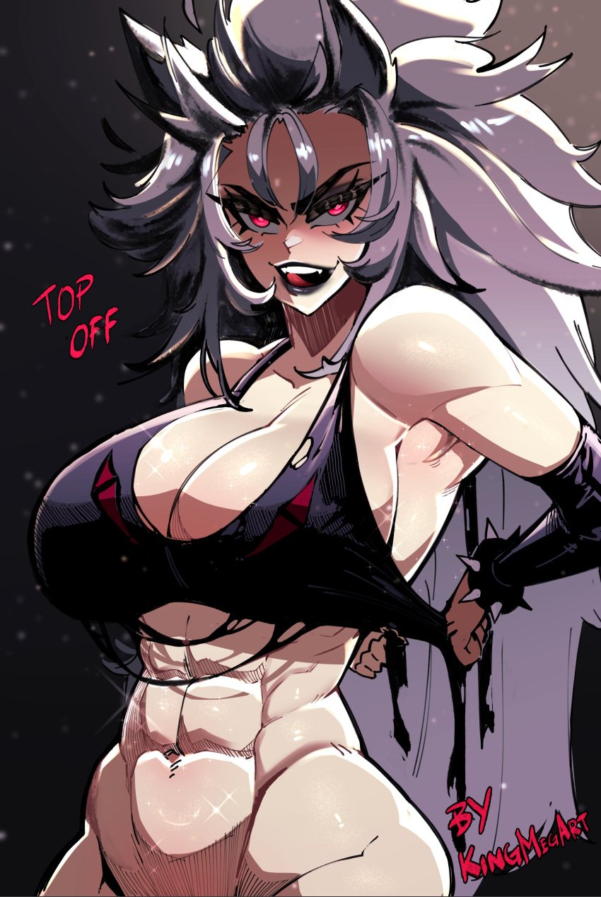 1girls abs athletic_female big_breasts black_lipstick bottomless breasts crop_top female_abs huge_breasts kingmegart looking_at_viewer mboymanuel muscular_female sweat torn_clothes virtual_youtuber vshojo wolf_girl zentreya