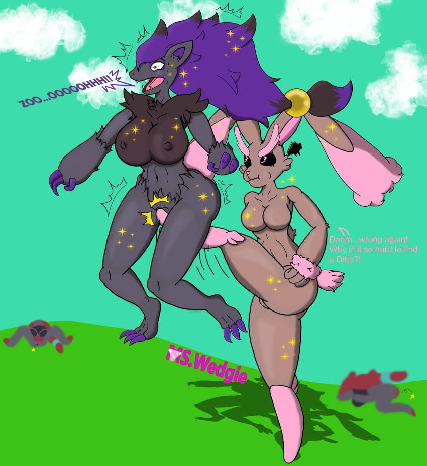 anthro_pokemon bunny_ears bunny_tail commission crotch_kick cuntbusting dialogue fur furry_breasts furry_ears furry_female lopunny low_blow mswedgie123 no_humans no_sex pain pokémon_(species) pokemon pokemon_(species) pokemon_only pussy_kick shiny_pokemon shiny_zoroark zoroark