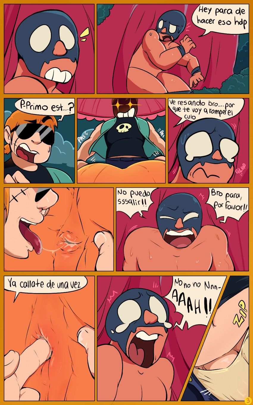 2023 2boys abuse anal_fingering anus ass bara brawl_stars bulge buster_(brawl_stars) clothed clothed_male clothed_male_nude_male clothing comic dialogue el_primo_(brawl_stars) erection erection_under_clothes fingering gay gay_domination gay_sex homosexual imminent_sex insult male male/male male_focus male_only mask nahu600 open_mouth orange_hair penis pumpkin_butt questionable_consent rimming shouting sound_effects spanish_dialogue spanish_text sunglasses symbol-shaped_pupils tears tears_of_desperation text underwear video_games