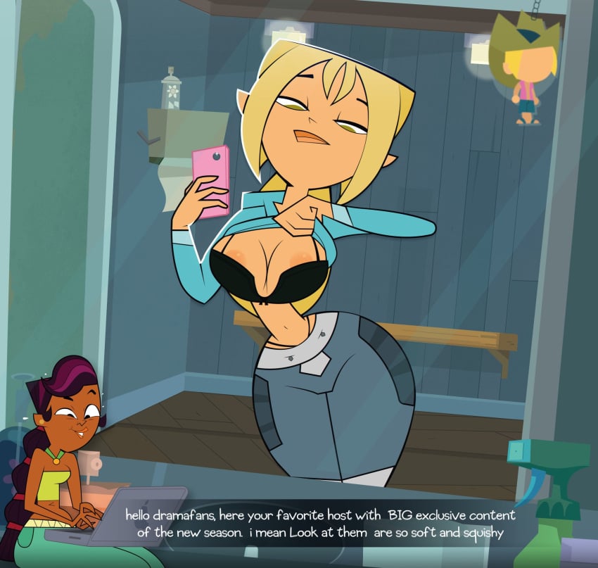 2023 black_bra blonde_hair bra breasts bridgette_(tdi) cartoon_network cleavage fanfiction female female_focus female_only flashing flashing_bra geoff_(tdi) gosgoz green_eyes mirror mirror_selfie nipples phone purple_hair shirt_lift sierra_(tdi) thick_thighs thighs total_drama_island wide_hips