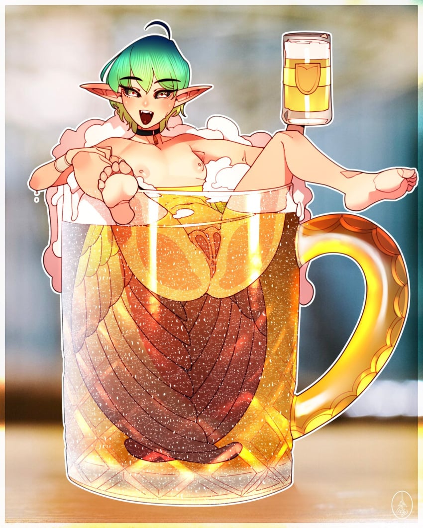 1girls anus ass beer breasts cheunchin choker fairy fairy_wings feet female green_hair legs_apart long_ears mug nude_female pussy short_hair size_difference tiny wings