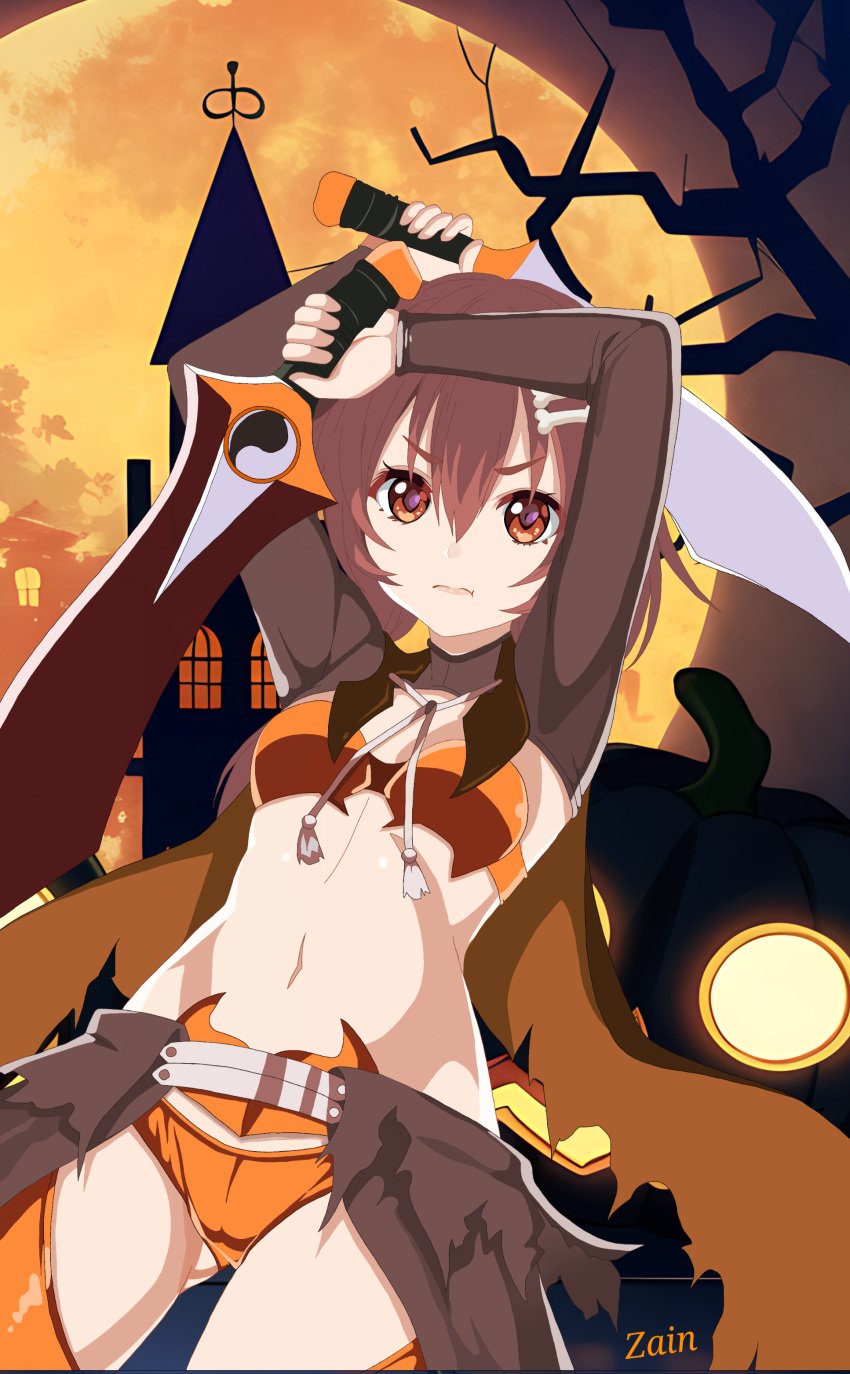 archer_(fate) chloe_von_einzbern doggirl female halloween holding_sword holidays hololive hololive_gamers hololive_japan inugami_korone solo sword virtual_youtuber