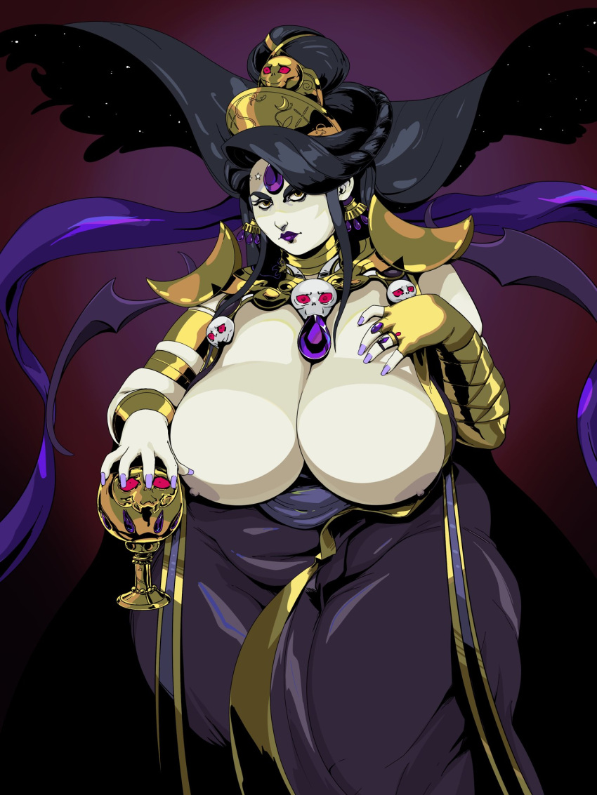 1girls areolae black_hair breasts curvaceous curvy earrings exposed_breasts hades_(game) hips huge_breasts kawaiidebu lipstick long_hair nipples nyx_(hades) plump purple_lipstick solo solo_female solo_focus top_heavy voluptuous wide_hips