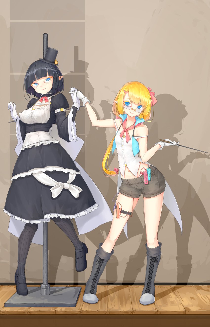 2girls absurdres back_bow bare_shoulders black_dress black_footwear black_hair blonde_hair blue_eyes boots bow covered_nipples dress dress_bow frilled_dress frills gloves grey_shorts hair_ornament hairbow hairclip hat highres holding_hands huge_bow kearful knee_boots light_smile long_hair mini_hat mini_top_hat multiple_girls original pointer pointy_ears restrained rimless_eyewear sex_toy shirt short_hair short_shorts shorts stationary_restraints stealth_bondage striped striped_thighhighs thighhighs top_hat vertical-striped_thighhighs vertical_stripes vibrator vibrator_in_thighhighs vibrator_under_clothes white_bow white_gloves white_shirt wide_sleeves wooden_floor