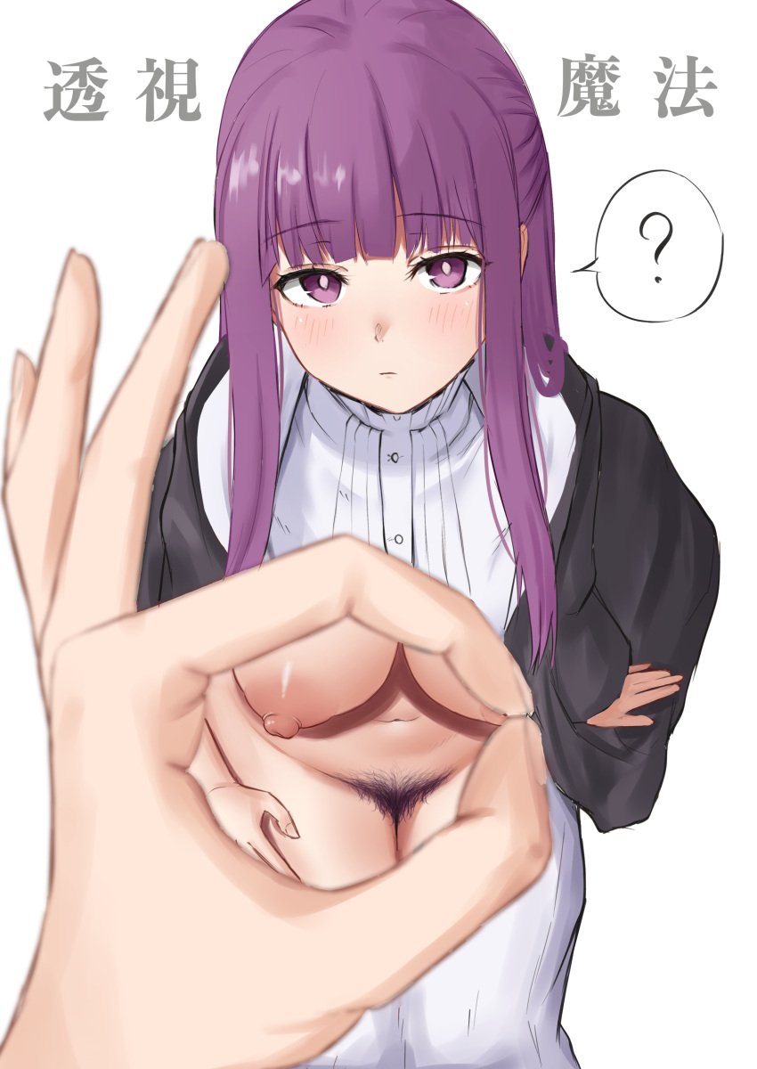 ? blunt_bangs breasts breasts_out dress female fern_(sousou_no_frieren) large_breasts leaning_forward long_hair nipples no_bra no_panties open_clothes oppai pov pov_hands pubic_hair purple_eyes purple_hair revealing_layer sousou_no_frieren suggestive suggestive_gesture white_dress zintaro