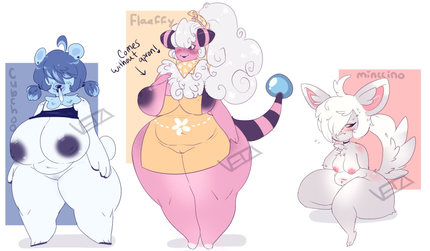 3girls anthro apron big_breasts blush bottom_heavy chinchilla chubby cubchoo flaaffy fur furry hi_res minccino pokémon_(species) pokemon pokemon_(species) shiny_flaaffy shiny_pokemon shortstack small_breasts tagme tail thick_thighs vetarix voluptuous watermark wide_hips