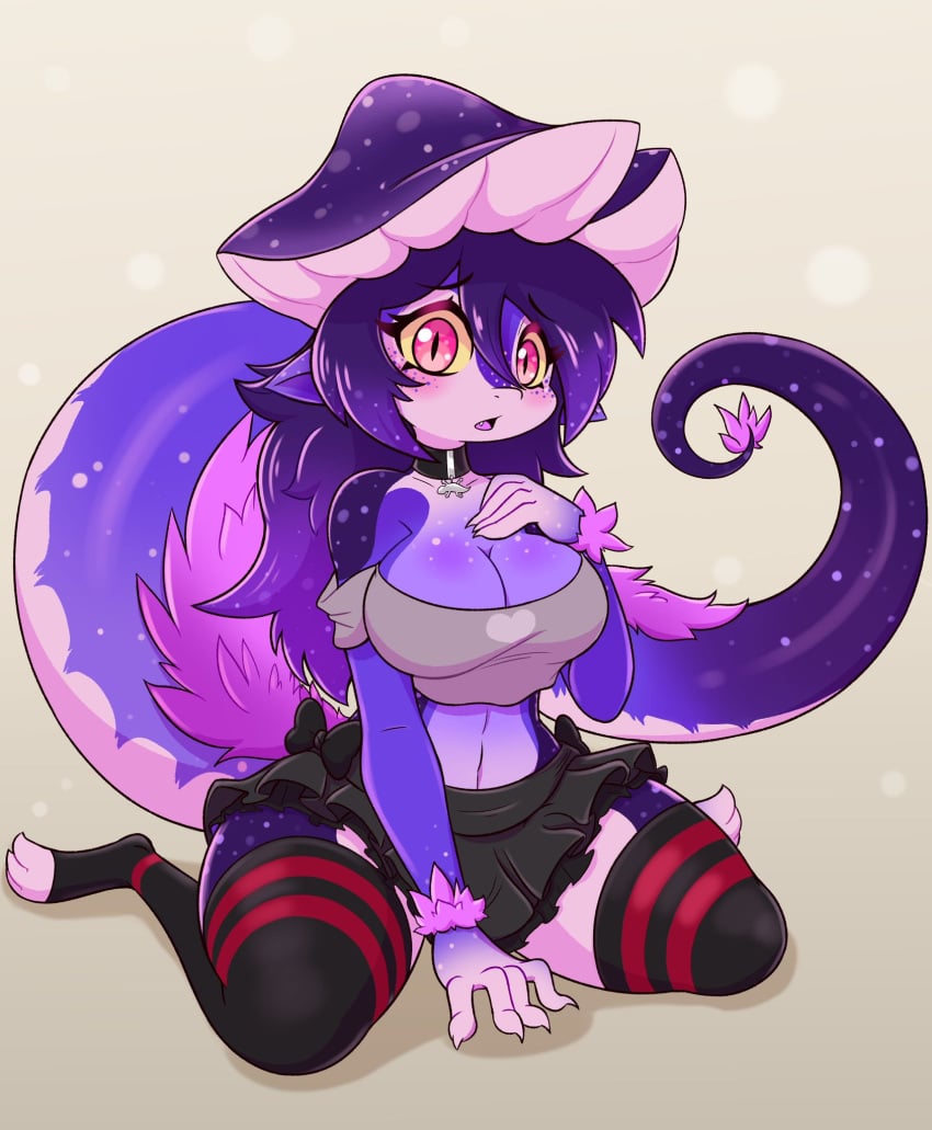 big_breasts blush breasts clawed_fingers claws collar confused confused_look confusion fur hand_on_chest jasminthemanticore lizard lizard_girl long_tail mushroom_cap nervous nervous_face purple_body purple_fur purple_hair purple_skin tail thick_thighs thighhighs thighs