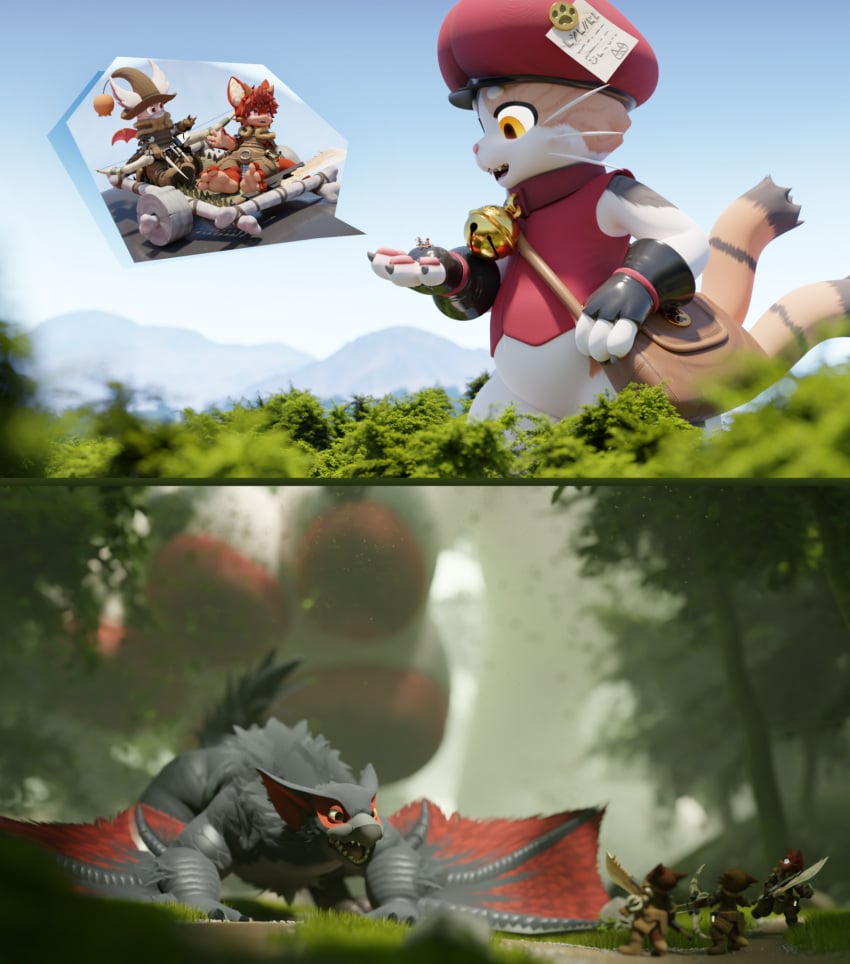 ambiguous_gender anthro capcom danger dragon extreme_size_difference feet felid felyne feral final_fantasy flying_wyvern foot_fetish forest group hi_res imminent_stomp looming looming_foot looming_over lynian macro mammal monster_hunter moogle nargacuga palico pawpads paws plant postman_palico size_difference soles square_enix toes tooeks tree