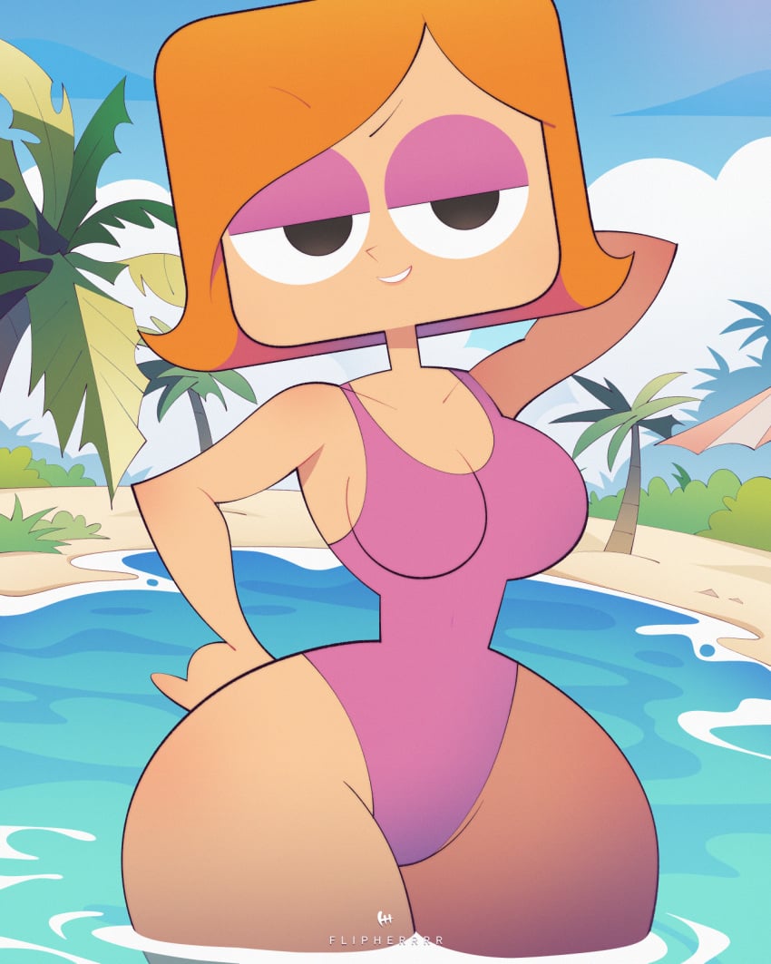 1girls beach big_breasts black_eyes breasts cleavage debbie_turnbull debs_turnbull female female_only flipherrrr hair half-closed_eyes hand_behind_head hand_on_hip hips huge_breasts mature mature_female mature_woman milf mother one-piece_swimsuit orange_hair purple_swimsuit red_head robotboy short_hair solo solo_female swimsuit swimwear thick_thighs thighs wide_hips