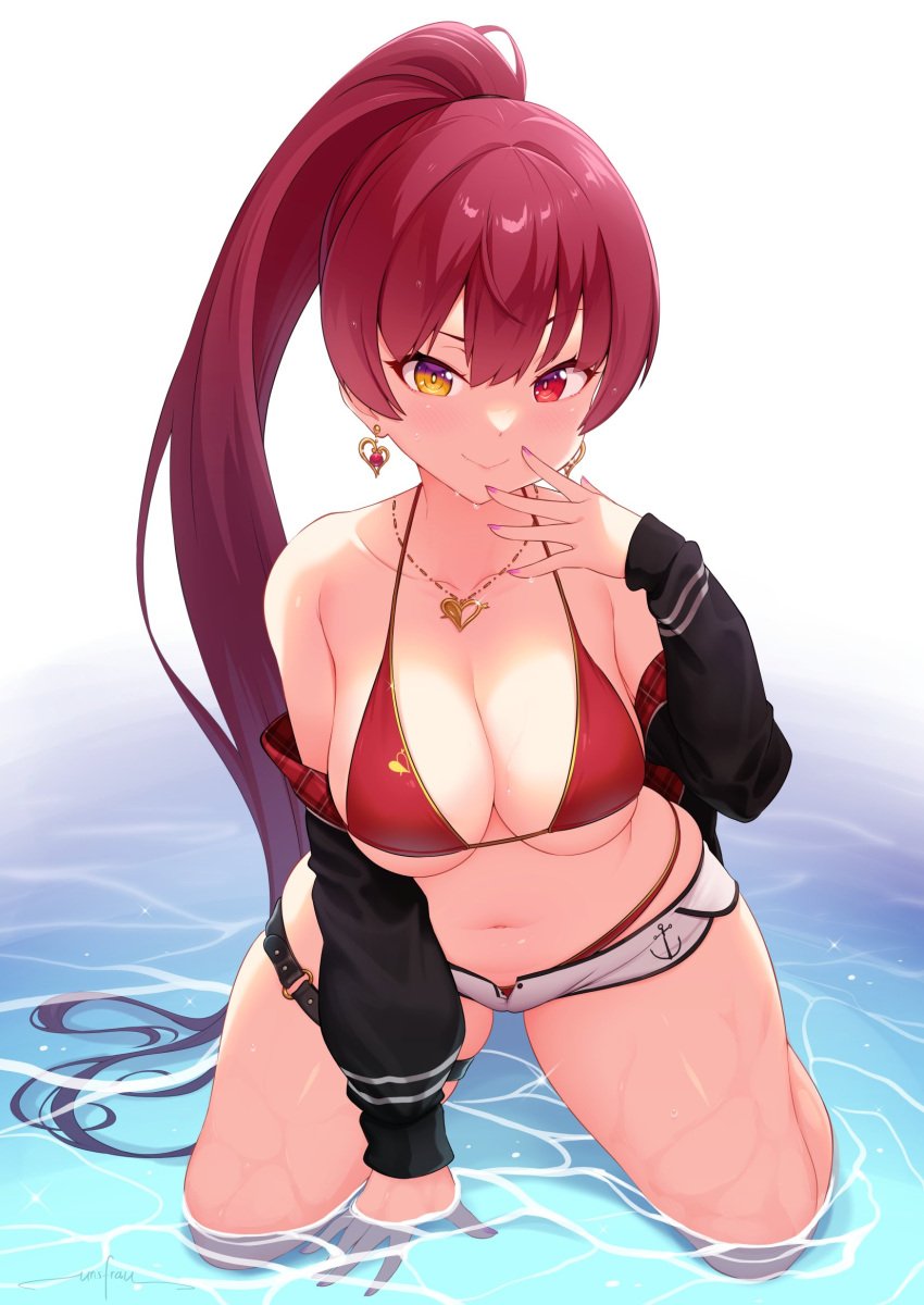 bare_legs bare_shoulders big_breasts bikini black_jacket booty_shorts clothed earrings female female_only heart_earrings heart_necklace heterochromia high_resolution highres hololive hololive_fantasy hololive_japan houshou_marine huge_breasts kneeling large_breasts looking_at_viewer necklace off_shoulder pink_nails ponytail red_bikini red_eyes red_hair short_shorts skindentation solo solo_female swimsuit thick thick_thighs thigh_strap unsfrau virtual_youtuber water wet white_legwear wide_hips yellow_eyes