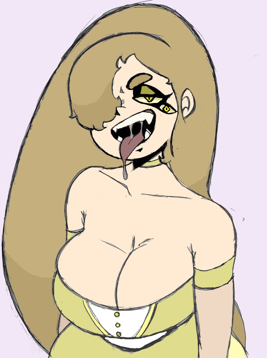 1female 1girls aria_(paisleyartlord) bedroom_eyes choker cleavage cute cute_face cute_fangs fangs long_hair multi_eye paisleyartlord saliva_drip saliva_string smug smug_face taunting teasing tongue tongue_out voluptuous voluptuous_female yellow_choker yellow_dress yellow_eyes