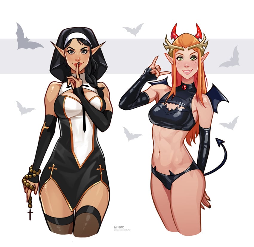 2girls bat black_nails critical_role critical_role:_vox_machina demon_costume devil_horns elf female female_only horns keyleth medium_breasts minko multiple_girls nail_polish nun nun_outfit olena_minko red_hair small_breasts tail the_legend_of_vox_machina vex'ahlia wings