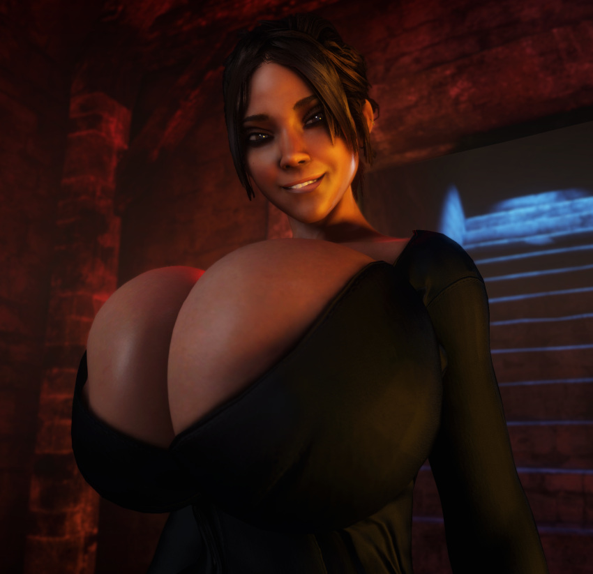 1girls 3d 3d_(artwork) alternate_breast_size areola_slip areolae areolae_slip black_panties breasts_bigger_than_head breasts_bigger_than_torso capcom cleavage clothed clothed_female elvira_(cosplay) enormous_breasts female female_only female_solo gigantic_breasts hourglass_figure huge_breasts human human_female human_only looking_at_viewer massive_breasts nipples nipples_visible_through_clothing panties resident_evil resident_evil_5 sheva_alomar small_waist smile smiling smiling_at_viewer solo solo_female thighs thin_waist top_heavy upper_body vaako wasp_waist wide_hips