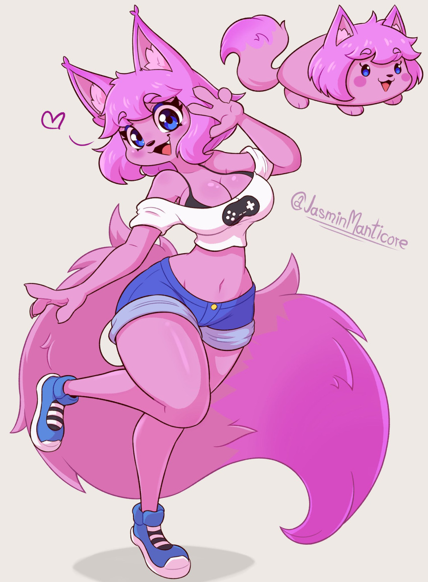 big_breasts bra breasts fluffy_tail furry jasminthemanticore long_tail peace_sign pink_fur pink_hair pink_skin pink_tail shoes short_shirt shorts small_shirt tagme