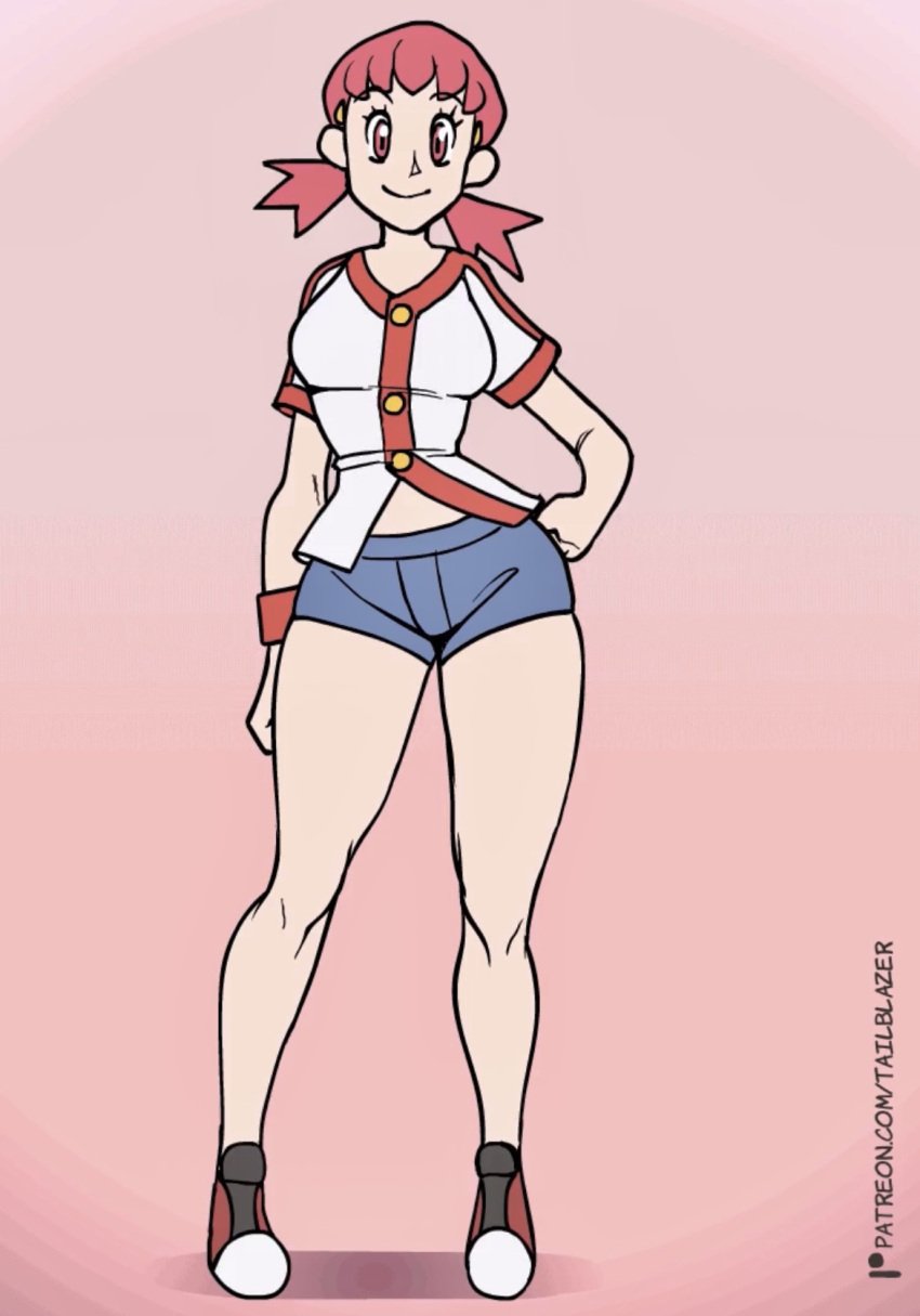 1girls animation_frame button_down_shirt cargo_shorts edit edited_image edited_screencap frame hand_on_hip large_breasts legs_apart long_legs navel pink_background pink_eyes pink_hair pokemon red_wristband short_shorts tail-blazer tall_female taller_girl thick_thighs voluptuous_female whitney_(pokemon) wide_hips wristband