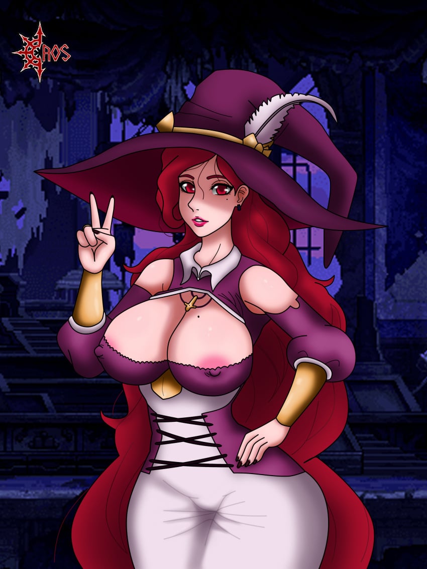 1girls big_boobs big_breasts big_thighs big_waist caosenriqueart female long_hair nipples red_eyes red_hair skul:_the_hero_slayer solo witch witch_(skul)