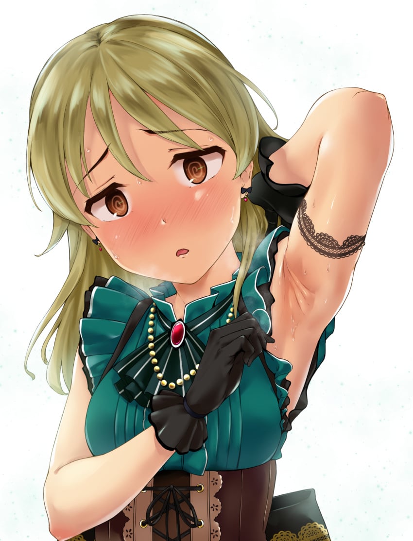 armpit armpit_crease armpit_fetish armpit_focus armpit_peek armpit_play armpit_sweat armpits blush c24nishi female idolmaster idolmaster_cinderella_girls looking_at_viewer morikubo_nono presenting_armpit presenting_armpits raised_arm showing_armpits sleeveless smelly_armpits solo steamy_armpits sweat sweaty sweaty_armpits