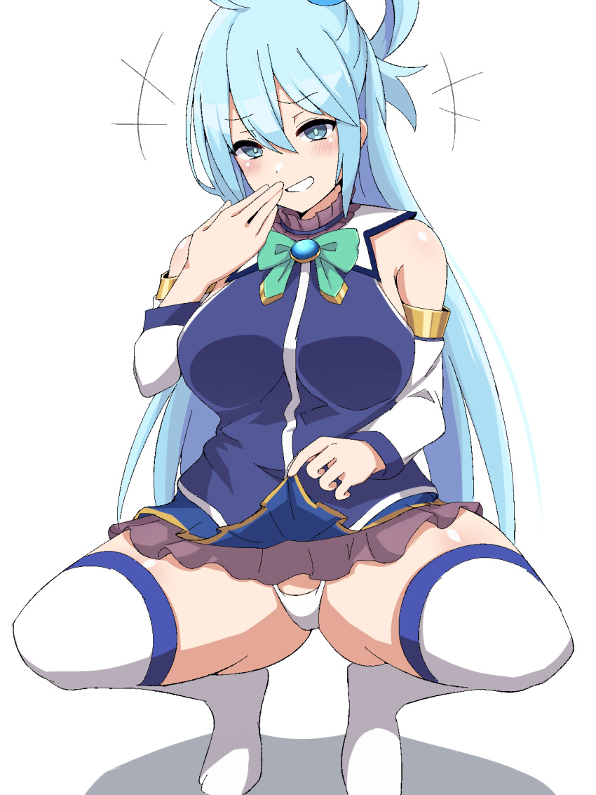 1girls alternate_version_available aqua_(konosuba) big_breasts blue_eyes blue_hair blue_skirt blush bottomwear breasts female female_only hair hatenamaru kono_subarashii_sekai_ni_shukufuku_wo! legwear long_hair skirt skirt_lift smile solo solo_female squatting thick_thighs thighhighs thighs thong white_thighhighs white_thong