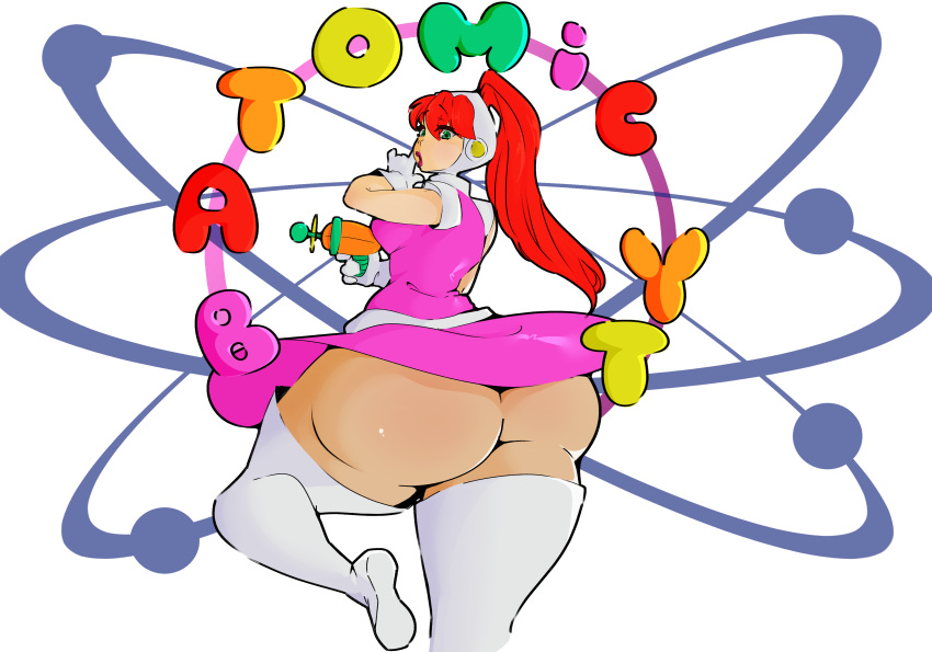 ass ass_bigger_than_body ass_bigger_than_breasts ass_bigger_than_head ass_focus atom atomic_betty betty_barrett blaster cartoon colorful_background fat_ass ginger green_eyes letters light-skinned_female orange_hair pink_dress ponytail raygun red_cheeks red_hair red_hair red_lipstick shiny_skin thick_ass thick_thighs thigh_high_boots thighs white_belt white_boots white_gloves