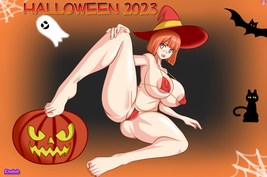 1girls alternate_breast_size big_breasts bob_cut breasts busty curvaceous curvy curvy_body curvy_female curvy_figure endoh69 female halloween huge_breasts large_breasts mcdonald's milf mom_(japanese_mcdonald's_commercial) mother orange_hair pumpkin red_bikini thick_thighs thighs voluptuous witch_hat yoru_mac