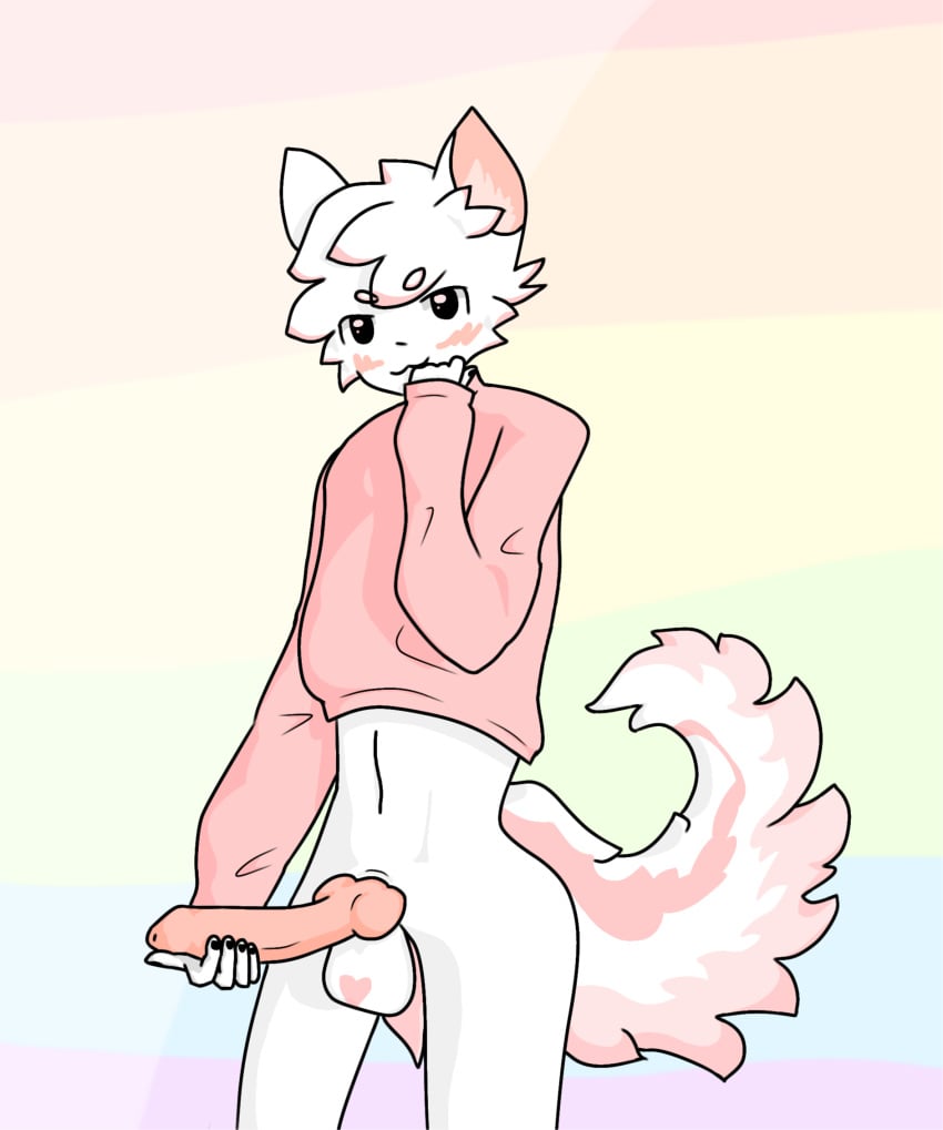 black_fingernails boykisser boykisser_(meme) canine_penis cropped_shirt f3mb0ykiss3r femboy furry gay heart_on_balls holding_penis knot long_penis looking_at_viewer pink_fur pink_shirt rainbow_background silly_cat_(mauzymice) solo white_fur