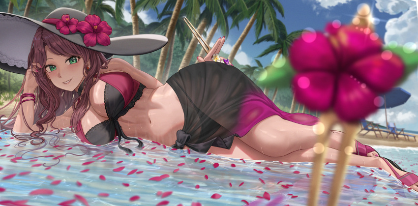 1girls 2023 absurdres alternate_costume beach bikini black_sarong blue_sky bracelet breasts brown_hair cleavage cloud deck_chair dorothea_arnault dorothea_arnault_(summer) elbow_rest female female female_only fire_emblem fire_emblem:_three_houses fire_emblem_heroes flower green_eyes hat hat_flower hibiscus highres large_breasts light-skinned_female light_skin long_hair looking_at_viewer lying lying_on_side medium_breasts navel nintendo off-shoulder_bikini off_shoulder official_alternate_costume on_side palm_tree parasol partially_submerged petals petals_on_liquid red_flower sand sandals sarong sea see-through_clothing silvertsuki sky solo stomach sun_hat swimsuit thong tree two-tone_bikini water wet wide_brim_hat wrist_straps